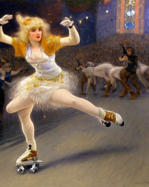 Image similar to white female anthro wolf skating at a roller derby, 4 k, furaffinity, trending on artstation, energetic, speed, motion blur, by gaston bussiere, sakimichan, j. c. leyendecker, gustav klimt, artgerm, greg rutkowski, alphonse mucha