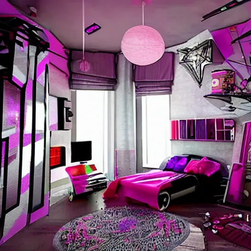 Image similar to a girl's cozy cyber punk bedroom