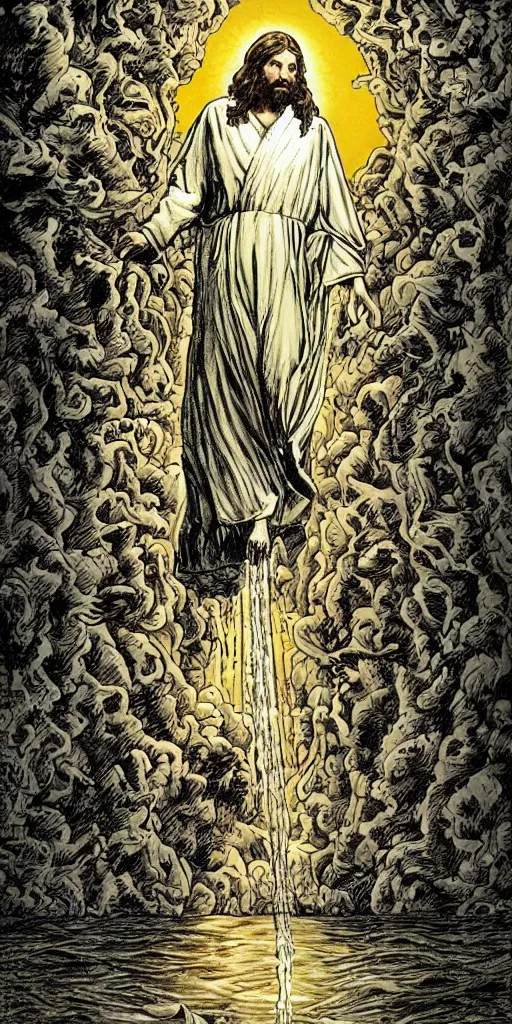 Image similar to jesus walking on water, drawing by alan moore,