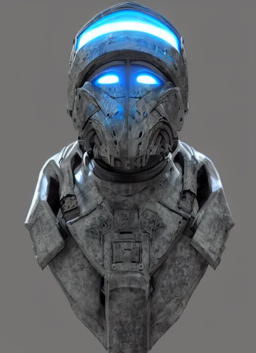 Image similar to concept art of futuristic soldier wearing an armoured facemask, with intricate carving details in black and glowing blue, ultra realistic, octane render, 8 k, hd, realistic lighting, moody, dramatic