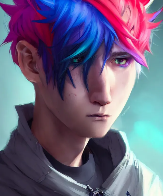 Image similar to character concept art of a cute cyberpunk boy with colorful hair and wolf ears and freckles | | cute - fine - face, pretty face, key visual, realistic shaded perfect face, fine details by stanley artgerm lau, wlop, rossdraws, james jean, andrei riabovitchev, marc simonetti, and sakimichan, trending on artstation