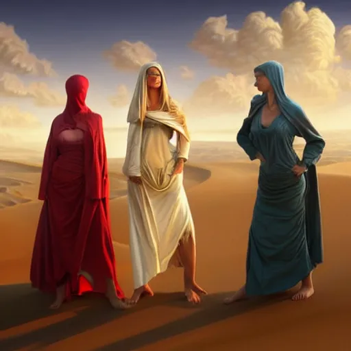 Image similar to three robed women on a sand dune, realistic, female, city in background, D&D, fantasy, intricate, elegant, highly detailed, digital painting, artstation, octane render, concept art, matte, sharp focus, illustration, hearthstone, shallow depth of field, dramatic lighting, art by Artgerm and Greg Rutkowski and Alphonse Mucha