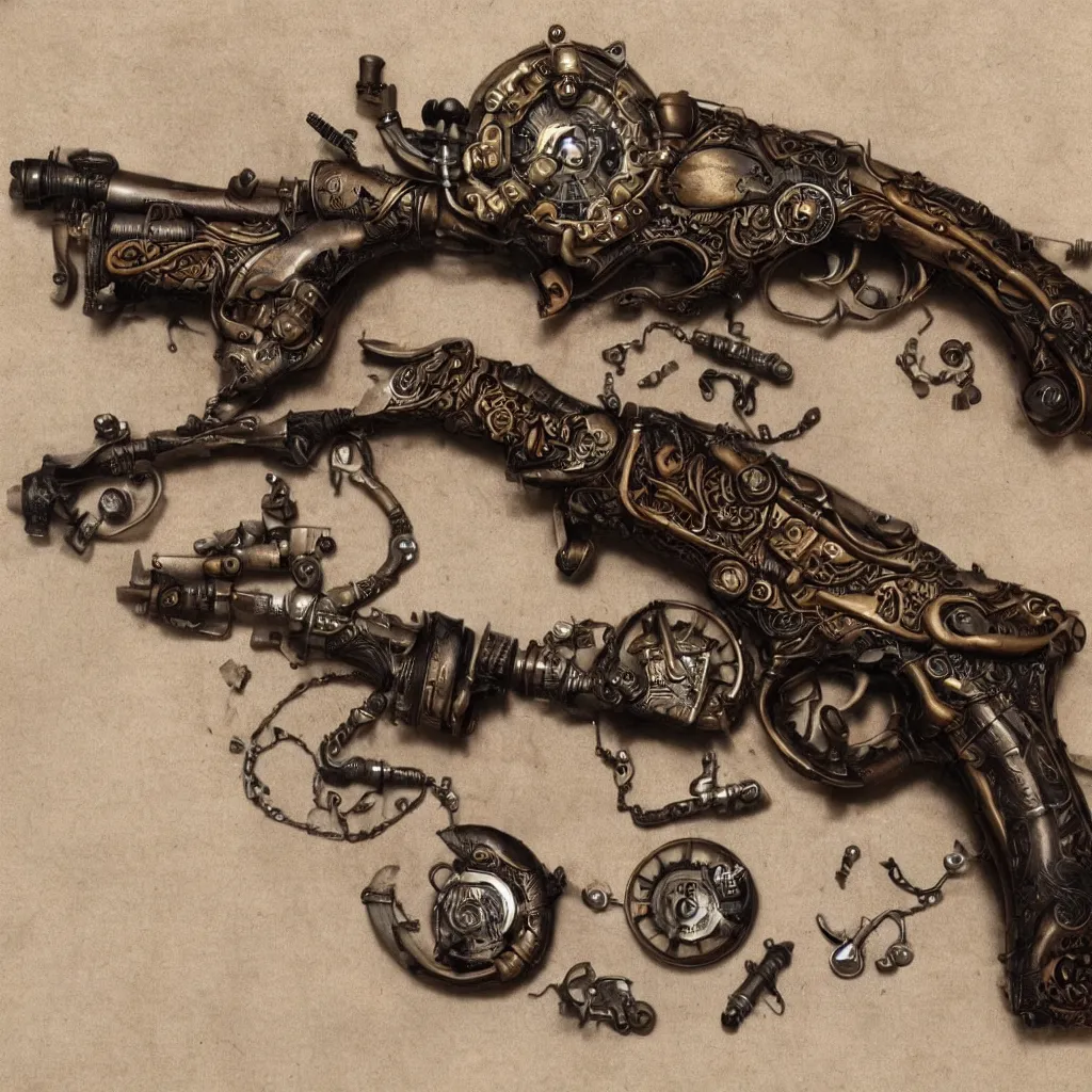 Image similar to a gun very cool, steampunk style,, highly detailed, photorealistic