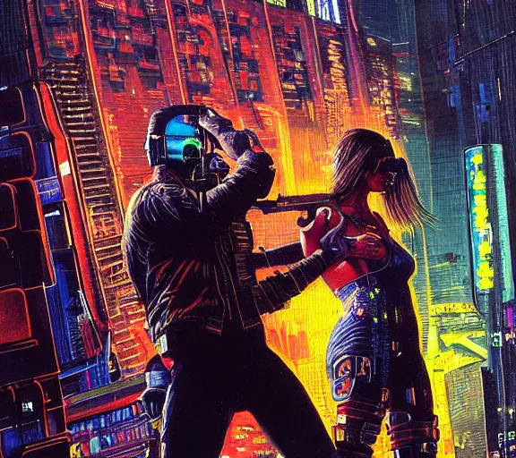 Prompt: a portrait of a cyberpunk epic Friday night firefight, Night City, cyberpunk 2077, very very coherent painting, 1979 OMNI Magazine Cover, street level neo-Tokyo in Cyberpunk 2045 style by Vincent Di Fate by mark arian by artgerm in the style of ((Gustave Dore)), 4k, 8k, HD, trending on artstation