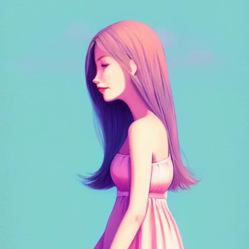 Image similar to happy adult female in sundress, summer dress, pastel light pink very long hair, muted colors, matte print, pastel colors, ornate, digital art, digital painting, fan art, elegant, artstation, head is centered, by Ilya Kuvshinov