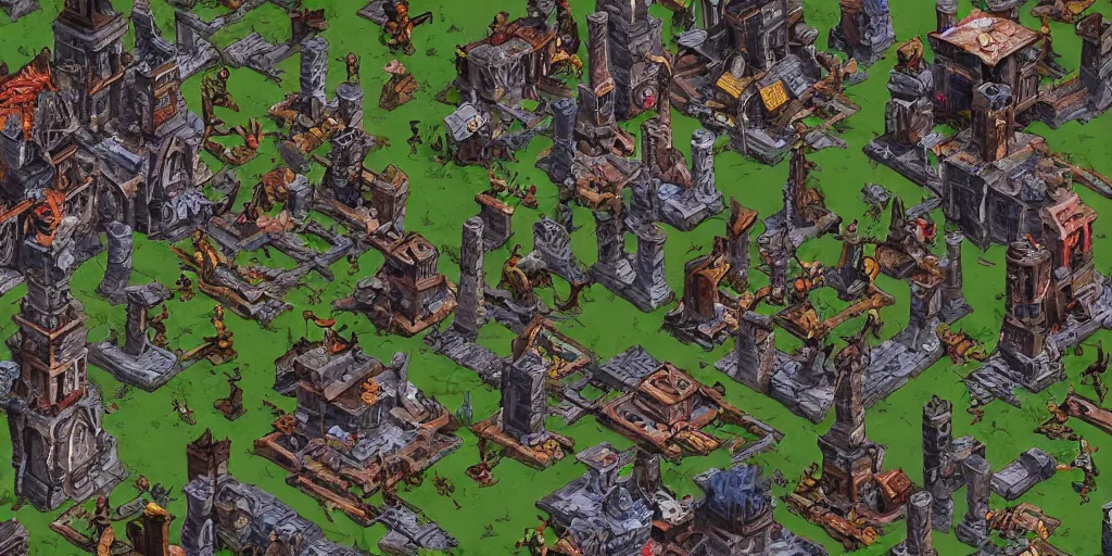 Image similar to Evil mage is standing on top of his tower, raising hands up high and leading his horde of zombies to outer lands. Isometric, high angle, big scale battle map. Highly detailed digital art, unreal engine.