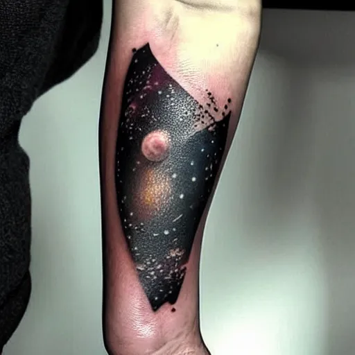 Prompt: a small black tattoo on the arm based on the universe, whole tattoo, realistic, very detailed