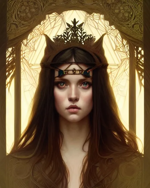 Image similar to symmetry portrait of welsh brunette princess, glam, shadowfire, forest background, intricate, elegant, highly detailed, digital painting, artstation, concept art, smooth, sharp focus, illustration, art by artgerm and greg rutkowski and fra angelico and alphons mucha