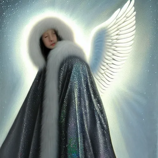 Prompt: beautiful high details hyper realistic painting of white angel in the hood coming from space with giant ball of miracle light from the chest!!!!!, 4 k hd face!!!, big fur silver holographic wings, by jan van eyck, holography space, white sparkles everywhere, thin strokes, high textures, silver background