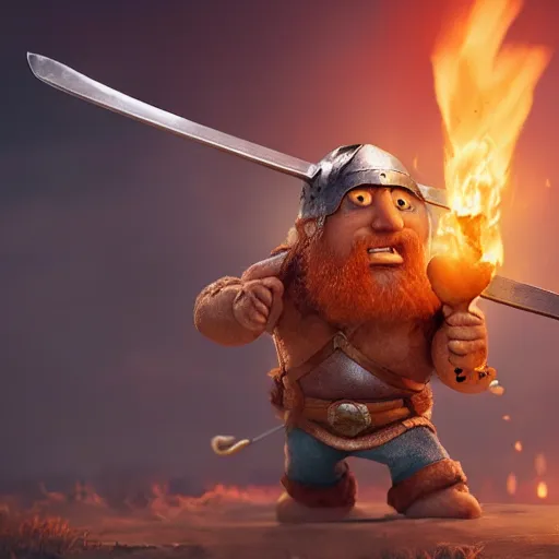 Image similar to viking battle toast, a slice of toasted bread with a face, arms and legs, holding a sword, cute, pixar, volumetric lighting, dynamic composition, fantasy, hyper detailed, ultra realistic, sharp focus, octane render, concept art by ruan jia and heng z and artem