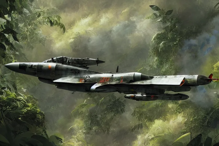 Prompt: dieselpunk digital illustration of a rocket fighter breaking the sound barrier low across a tropical rainforest by craig mullins