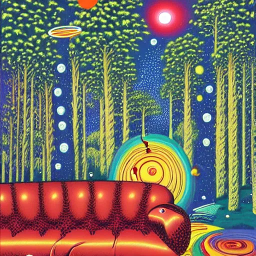 Prompt: psychedelic trippy couch pine forest, planets, milky way, sofa, cartoon by rob gonsalves, carl barks