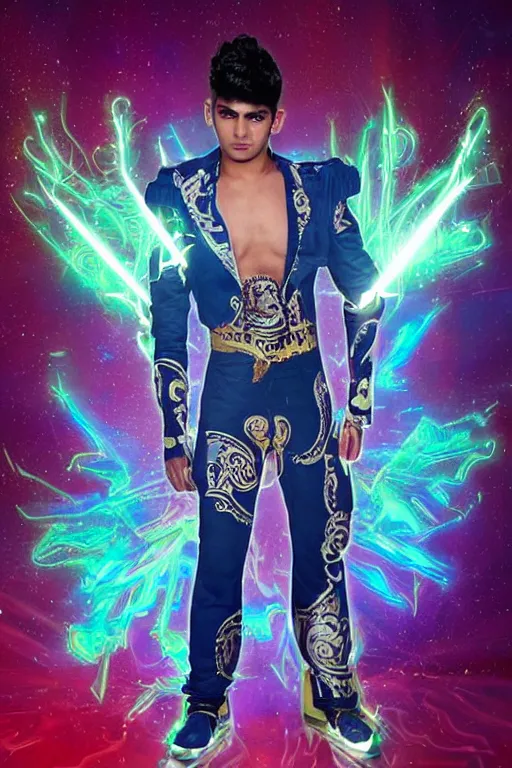 Prompt: full-body sculpture of a young handsome Zayn Malik as a mexican luchador cibernetic android with a glowing blue battery in his chest, white laser beam coming out of his eyes, crown of giant diamonds, flowing neon-colored silk, fabric, raptors, in a cyperbunk and baroque style. baroque elements. full-length view. baroque element. intricate artwork by caravaggio. many many birds birds on background. Trending on artstation, octane render, cinematic lighting from the right, hyper realism, octane render, 8k, depth of field, 3D