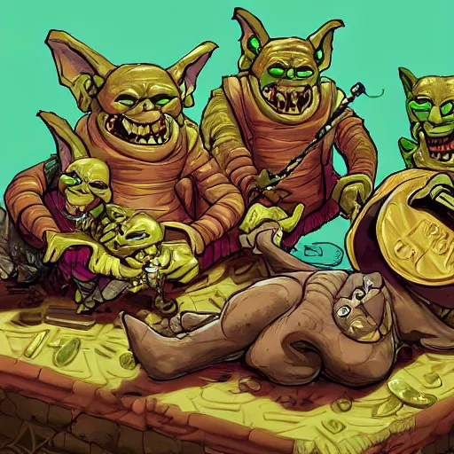 Prompt: four goblins taking a nap on a pile of gold and jewels, the goblins are fat, cyber-punk, futuristic