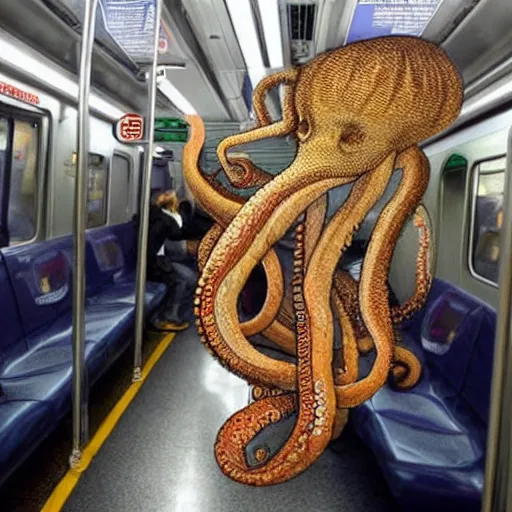 Image similar to of a giant octopus invading a interior of a subway train in new york,