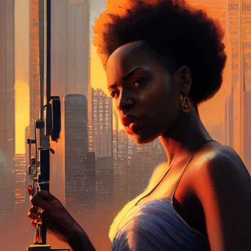 Image similar to A black woman living it large as a grand theft auto 5 loading screen, close shot, gorgeous, beautiful, intricate, highly detailed, digital painting, artstation, oppressive lighting, concept art, sharp focus, illustration, art by greg rutkowski and alphonse mucha