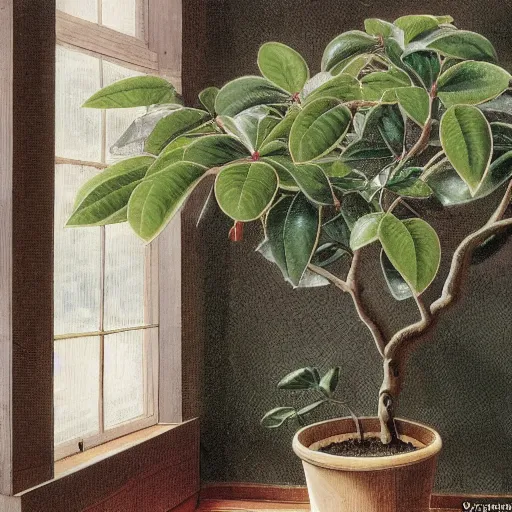 Prompt: a plant of ficus religiosa in a bedroom in london in the style of 1 9 th century botanical art