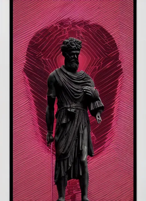 Prompt: elegant dark design poster showing a statue of marcus aurelius, black background with very subtle red and purple design elements, powerful, nekro, vito acconci, thin straight lines, dark, glitch art, neo vaporwave, gritty, layout frame, square, extremly detailed, trending on artstation