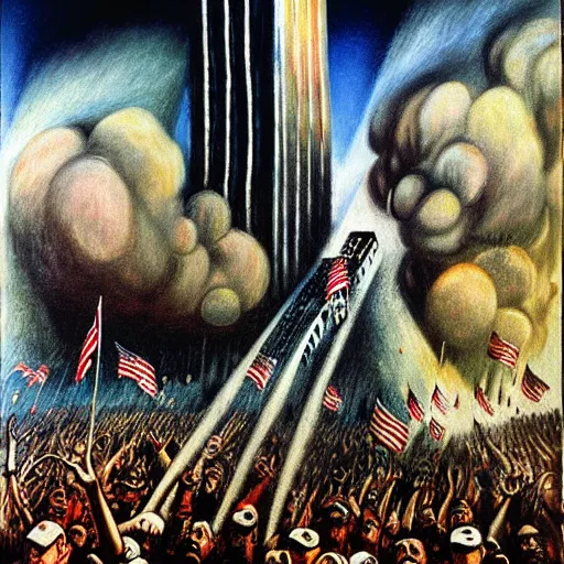 Image similar to 9 / 1 1 attack by otto dix, hyperrealistic, aesthetic, masterpiece