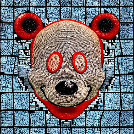 Prompt: mickey mouse head, pixel glitch, synth wave, broken, fractured, fractal, geometric, wet, melting, distorted, unreal engine 5, octane render