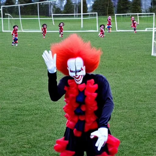 Image similar to Pennywise the clown coaching a girls' soccer team.