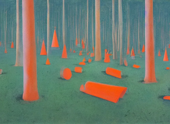 Image similar to a forest with a 5 orange cones scattered about, by surrealist james jean, in the style of francis bacon and edward hopper and beksinski