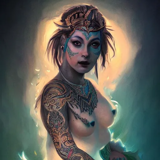 Image similar to goddess portrait, tattoo, unicorn, phoenix head, intricate artwork Tooth Wu, Greg Rutkowski, RPG, dynamic lighting, fantasy art, high contrast, depth of field, high detail, smooth gradients