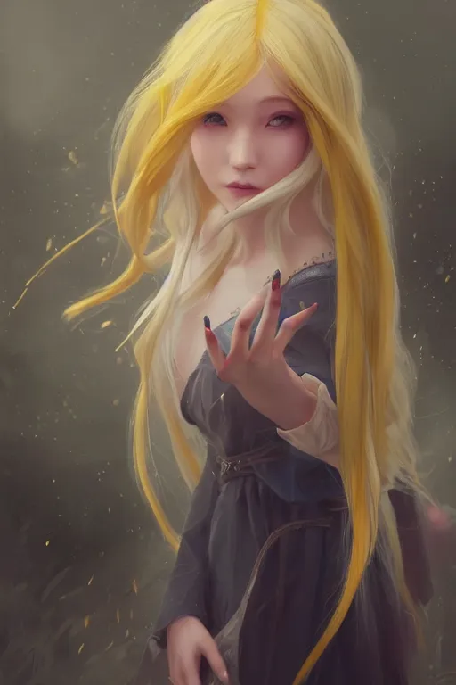 Image similar to girl wizard with long yellow hair wearing a dress, character art, by artgerm, by jeremy lipking, by wlop anime style, digital art, fantasy art, octane render, drawing, beautiful girl, highly detailed face