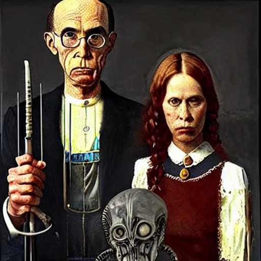 Prompt: american gothic, but with xenomorphs