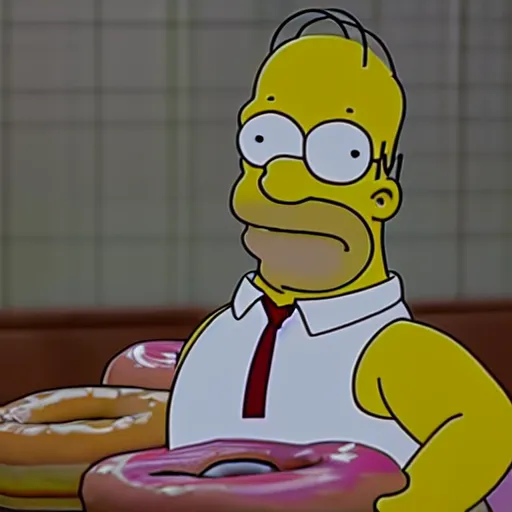 Prompt: a cinematic shot of Homer Simpson in the form of a doughnut