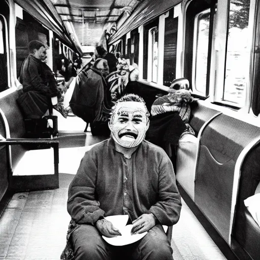 Prompt: photograph of a maori man with face tattoos sitting inside of a train carriage