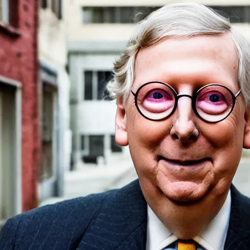 Prompt: senator mitch mcconnell as a soundcloud rapper with face tattoos and gold teeth and rainbow colored hair, profile portrait in front of urban alleyway