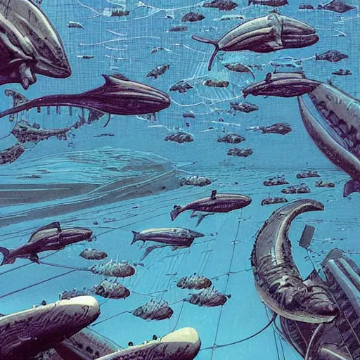 Prompt: a futuristic underwater city, with whales swimming by, by Moebius