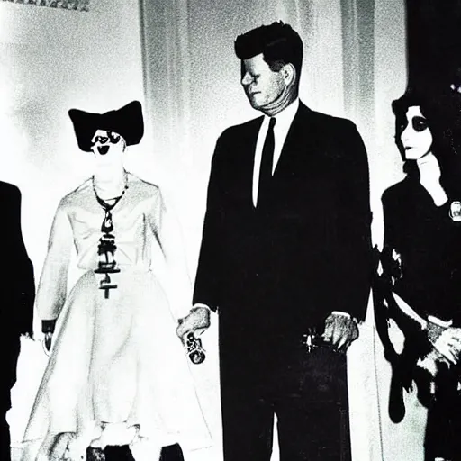 Image similar to Satanic States of America, alternate history, goth John F Kennedy, gothic president, 1961 photograph, occult