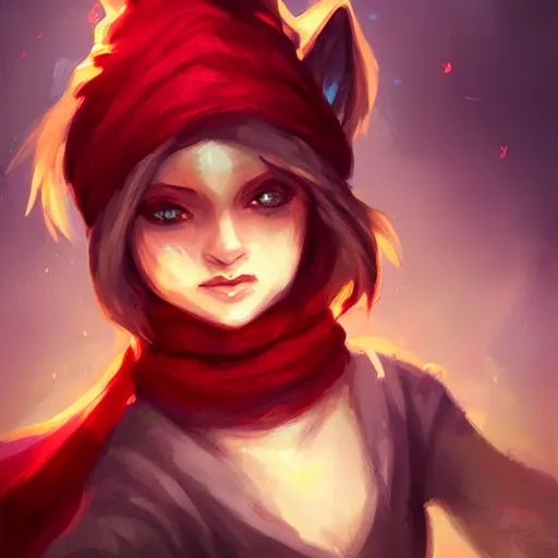 Image similar to Yordle Female portrait, cute, Red Scarf, Earnest, diminutive by Anato Finnstark, Tony Sart highly detailed, digital illustration, concept art