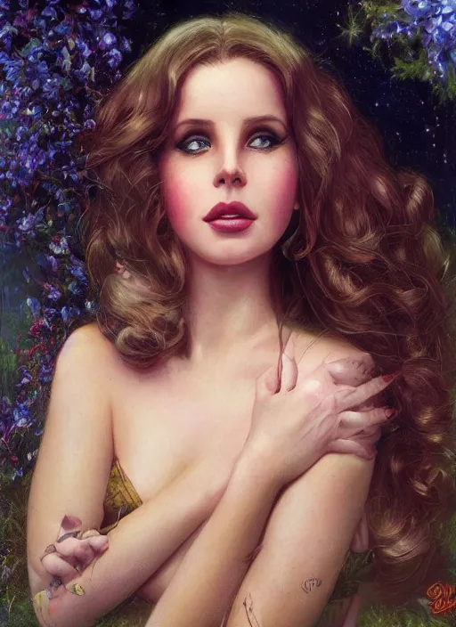 Image similar to Lana Del Rey glancing, Lilia Alvarado, Sophie Anderson, Mark Arian, Bob Byerley, Charlie Bowater, Mark Brooks, Steve Henderson, Justin Gerard, Arthur Hughes, Edward Robert Hughes, Mark Keathley, Victor Nizovtsev, Carlos Shwabe, Ross Tran, WLOP