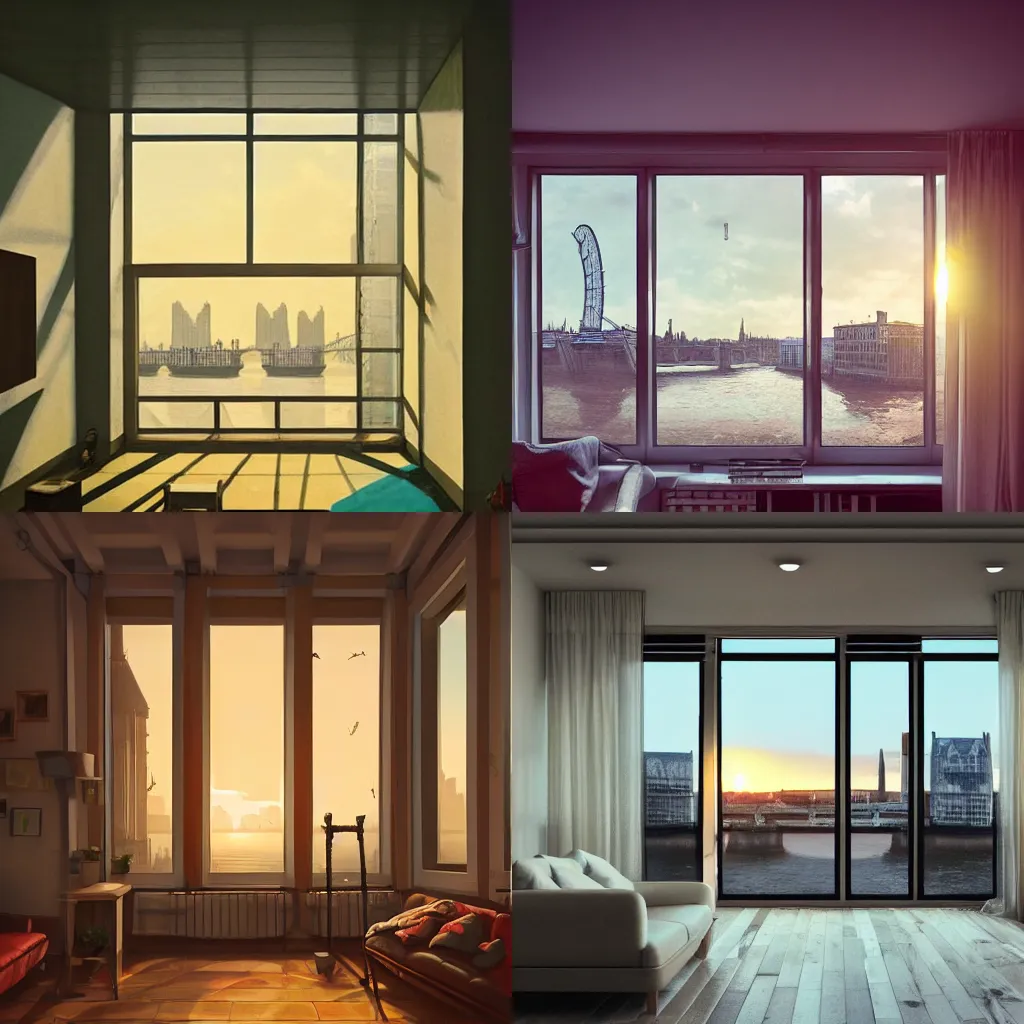 Prompt: apartment interior with huge windows overlooking london thames river during sunset Simon Stalenhag trending on artstation