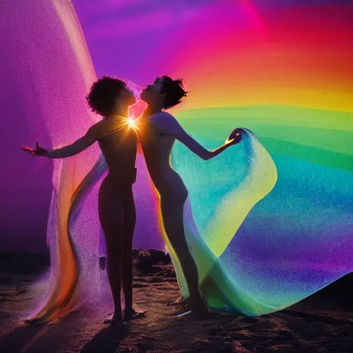 Image similar to filmstill photography of two female body suihouettes covered with curly white translucent blanket blowing in wind with rainbow pattern, acrylic liquid colors, luxurious supermodel photoshooting, golden jewelry, bokeh, godrays, strong wind, wrinkles, sunrays, sunset, lens flares, cold colors, sand dunes