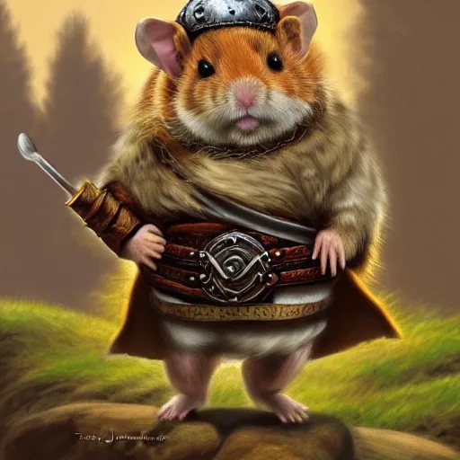 Image similar to cartoon illustration of a hamster dressed as a viking jarl, by Ted Nasmith and by Joe Jusko, 4K, trending on ArtStation, sfumato, centered