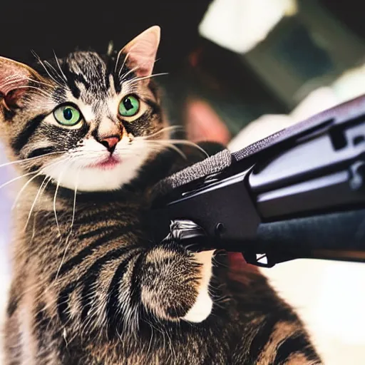 Image similar to a very cute cat holding a shotgun to the camera