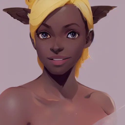 Image similar to portrait of a dark skinned woman with blonde hair and fox ears, wings, highly detailed, digital painting, artstation, matte, by makoto shinkai, animation style, studio ghibli, anime key visual