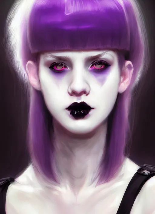 Image similar to portrait of white teenage girl, normal face, white bangs, mall goth, cyberlox, black and white hair, bangs, fluffy bangs, red contact lenses, purple lipstick, intricate, elegant, highly detailed, digital painting, artstation, concept art, sharp focus, smooth, illustration, art by wlop, mars ravelo and greg rutkowski