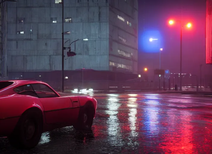 Image similar to gta in moscow, playstation 5 screenshot, mega details, dark night, orange lights, heavy rain, fog, beautiful rtx reflections, brutalism buildings, photorealistic, unreal engine 5, octane render, volumetric light, cg society, 4 k, bokeh, lada car, artstation