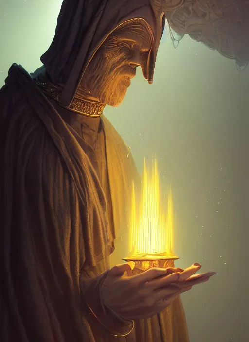 Prompt: slender high priest in a dark ornate robe, headpiece of molten salt, subsurface scattering, by alex konstad and tomasz alen kopera, cgsociety highly detailed, rim light, cinematic lighting, illustration, art, octane render, very coherent, cinematic, high detail, octane render, 8 k