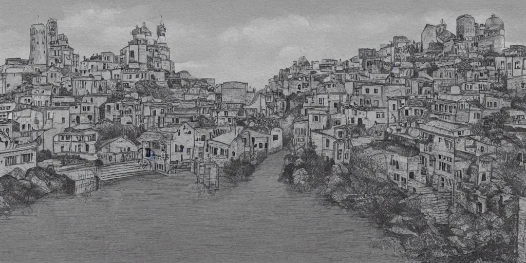 Image similar to Illustration, single long narrow huge ancient city on a narrow sky high bridge, over water, really long, all buildings on bridge