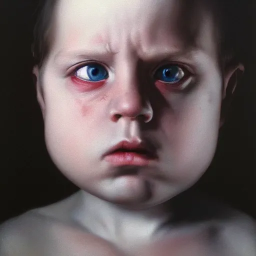 Image similar to high quality high detail portrait by gottfried helnwein, hd, a remorseless psychopath, intense unsettling look in the eyes, photorealistic lighting