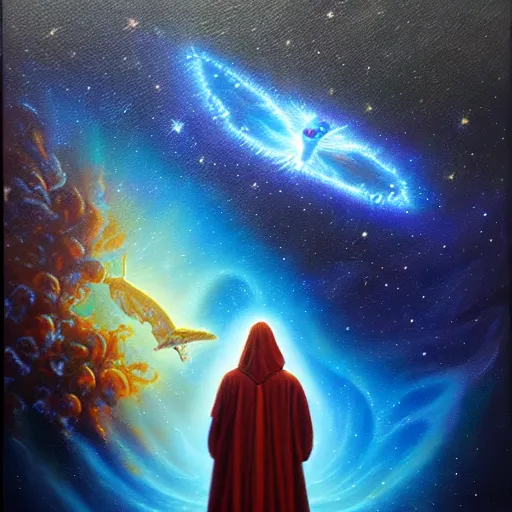 Prompt: facing the evil darkness galactic nebular astral realm sacred journey in oil painting, trending on artstation, award winning, emotional, highly detailed surrealist art