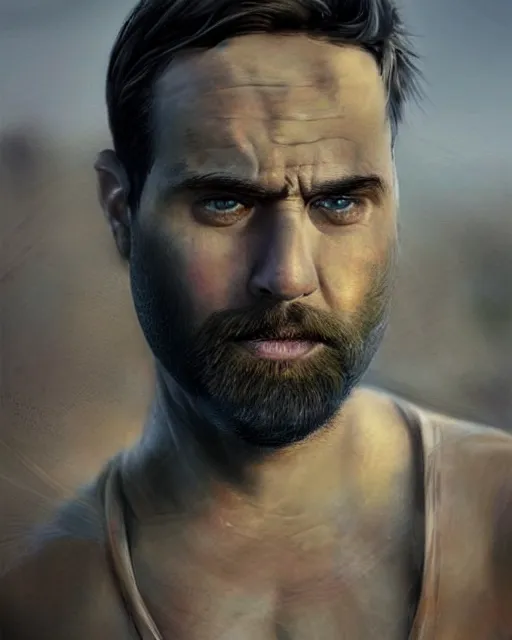 Image similar to portrait of muscular, tired and alcoholic 3 0 - year - old grieving man with short darkblonde hair, serious sad look in his eyes, looking down, dirty beard, blue eyes, crying tears, wearing dirty soldier uniform, on the desert, sad atmosphere, hyper realistic face, character art, art by artgerm, cryengine, trending on artstation, digital art