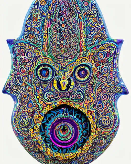 Image similar to hamsa cat with a single cyclops all-seeing eye intricate ceramic sculpture, drippy glazed dripping glaze Turkish Anatolian ceramic, highly detailed large sculpture object, finely hand painted intricate psychedelic op-art glitch patterned black colorful metallic decorative maximalist sculpted balanced, design by Felipe Pantone, isolated on white 8k octane render