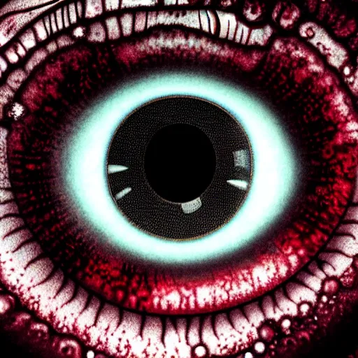 Image similar to a detailed extremely close up of inside the iris, cornea, red image, microscopic, extremely close up drawing by junji ito, cgsociety, generative art, lovecraftian, parallax, cosmic horror, extremely detailed, hyperrealism, unreal engine, octane render, award winning, masterpiece, highly detailed, realistic, 4 k, digital